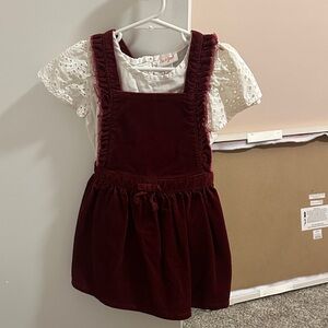 Burgundy Velvet Pinafore Dress with White Eyelet Top
